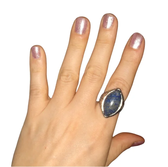 Blue Lapis Gemstone Ring Silver Almond Shaped Gem Stone Cutout Design Setting 8 - Picture 1 of 8